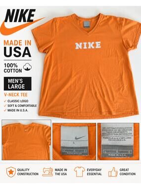 Y2K Nike Made In USA Orange V-Neck Tee Shirt Men's Large